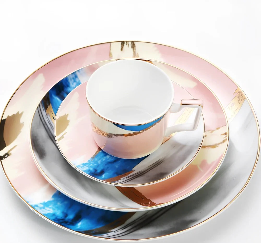 Watercolor dessert plates set in pink with 26.5 cm diameter, 45% bone china, real gold edges on handmade porcelain