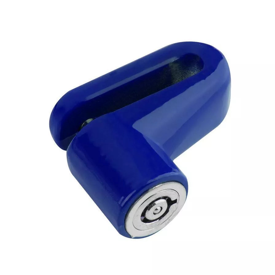 Steel anti-theft disc brake rotor lock for bicycles and motorcycles in red, blue, or black
