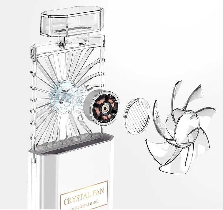 Pink coloured personal perfume fan with USB charging port for aroma diffusion.