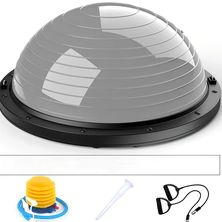 Blue Pilates exercise ball with inflation pump and storage accessories for home fitness