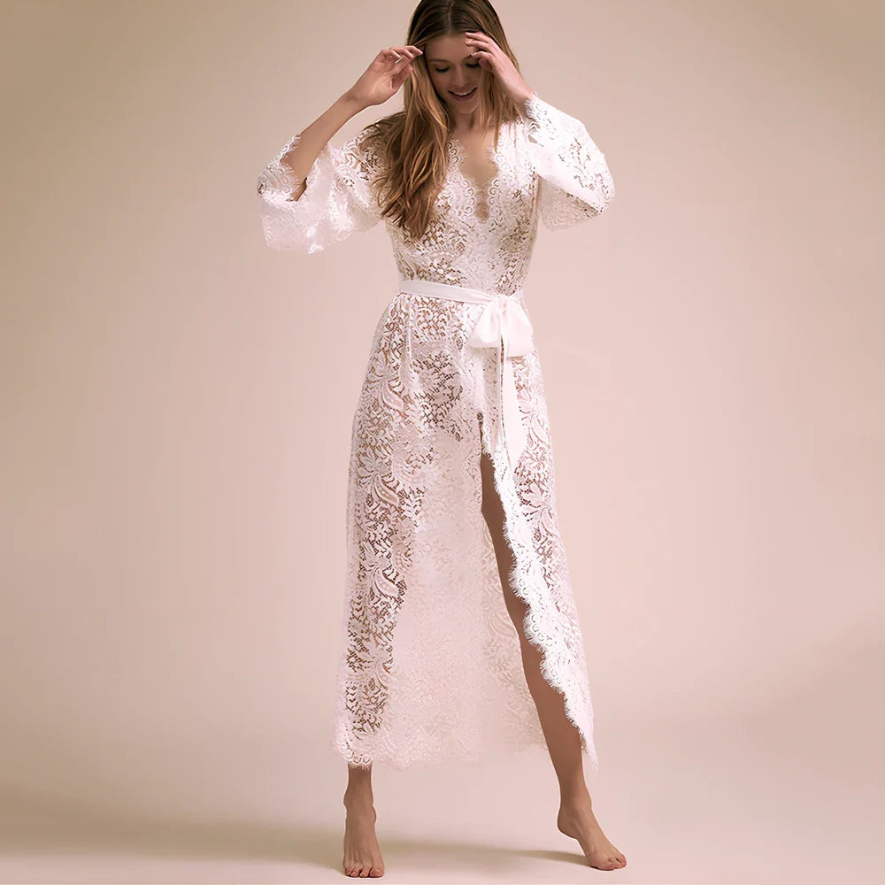 White lace bikini blouse with 130cm length and UPF 50+ sun protection for beach wear