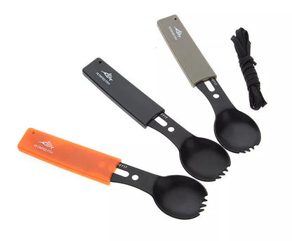 Stainless steel camping utensil set with spoon, fork, knife, and whistle for outdoor adventures