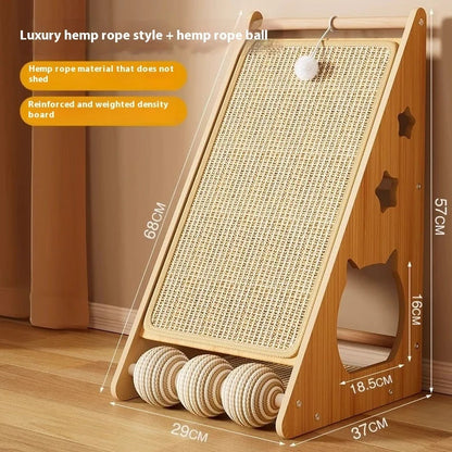 Vertical wall-mounted cat scratch board with sisal surface and integrated ball toy