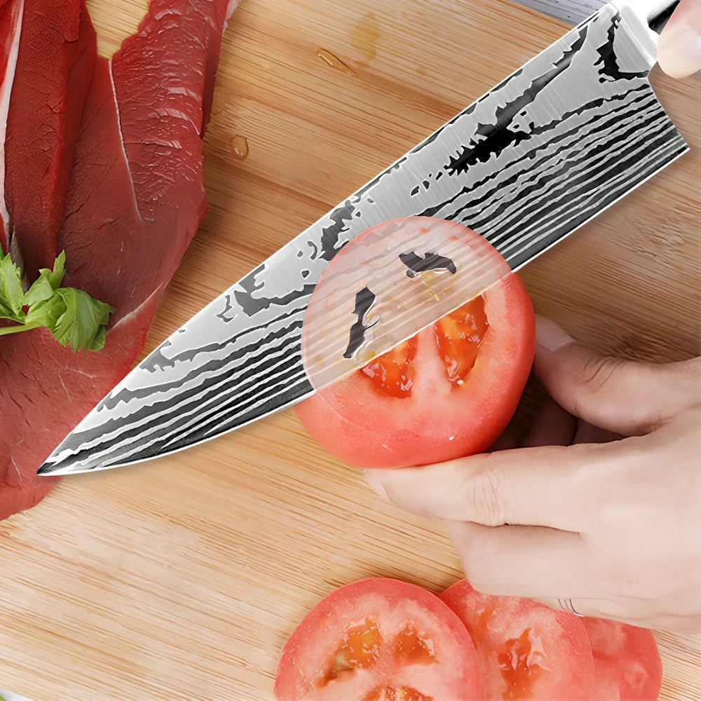 Six stainless steel kitchen knives with laser Damascus patterns on blades and wooden handles arranged with protective covers