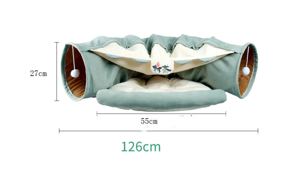 Collapsible cat tunnel with mat in various colors for interactive play and rest