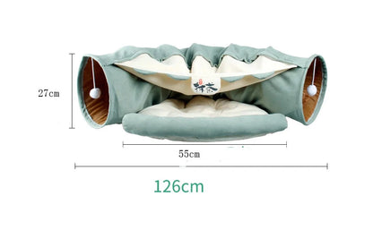 Collapsible cat tunnel with mat in various colors for interactive play and rest