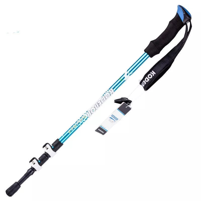 Adjustable aluminum alloy trekking pole in blue, green, or gold for hiking support