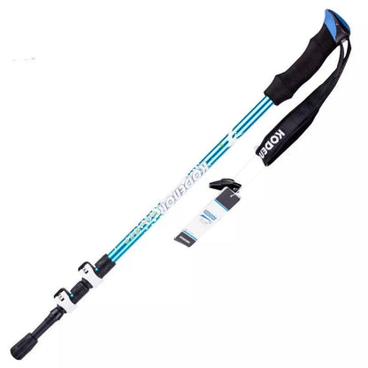 Adjustable aluminum alloy trekking pole in blue, green, or gold for hiking support