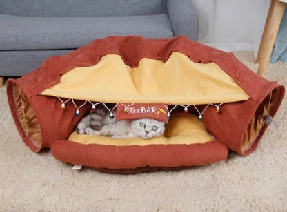 Collapsible cat tunnel with mat in various colors for interactive play and rest