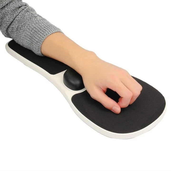 Ergonomic computer arm rest mouse pad with adjustable straps, memory foam wrist rest, and sturdy ABS plastic construction for comfortable and productive computing
