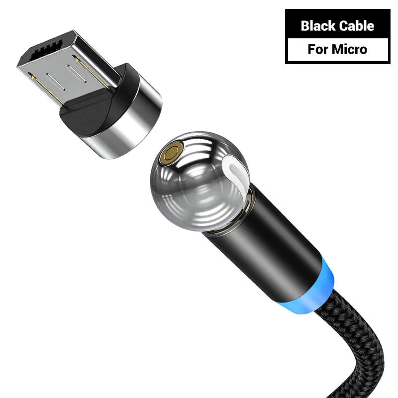 Black spherical magnetic charging cable with rotating head next to iPhone and Android phones