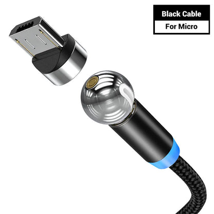 Black spherical magnetic charging cable with rotating head next to iPhone and Android phones