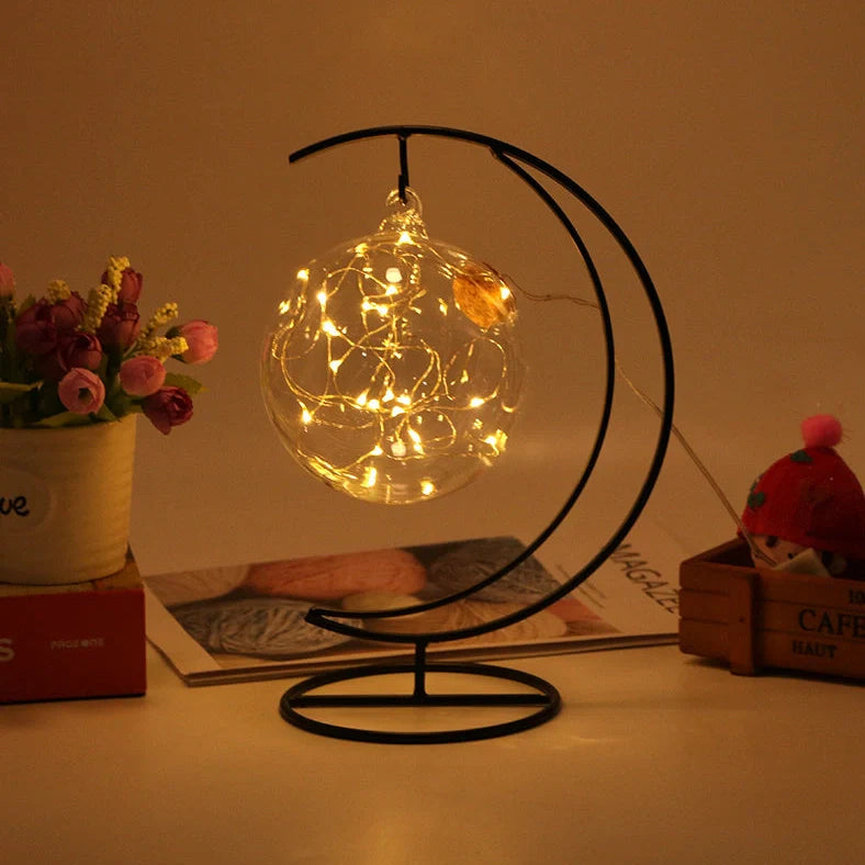 LED Wishing Bottle with 12cm glass container, wooden cork, and iron frame with copper wire detailing