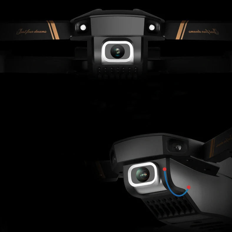 Black folding drone with 4K camera, protective frames, and remote control on grey background