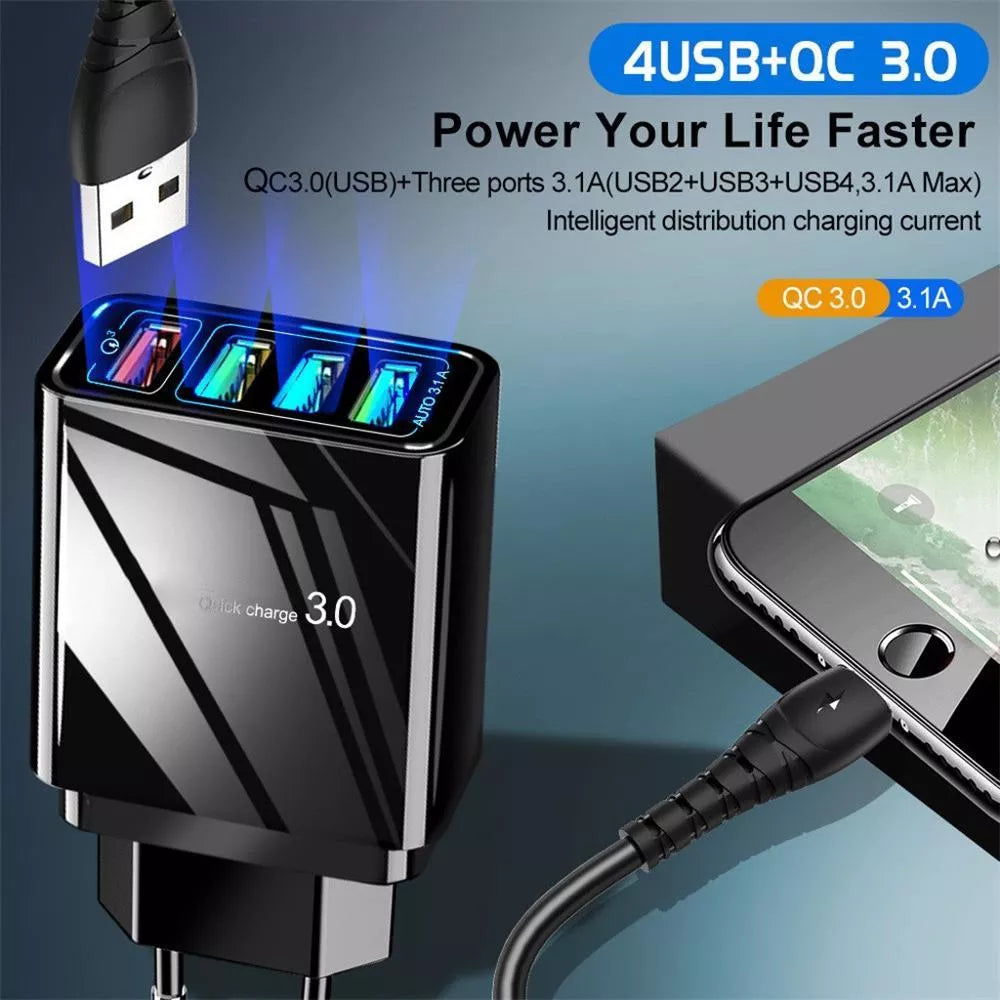 Illuminated 4USB Mobile Phone Charger with fast charging for multiple devices