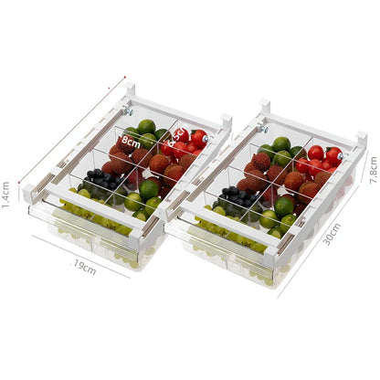 Transparent adjustable fridge egg storage rack with pull-out drawer holding 21 eggs, stackable for kitchen organisation
