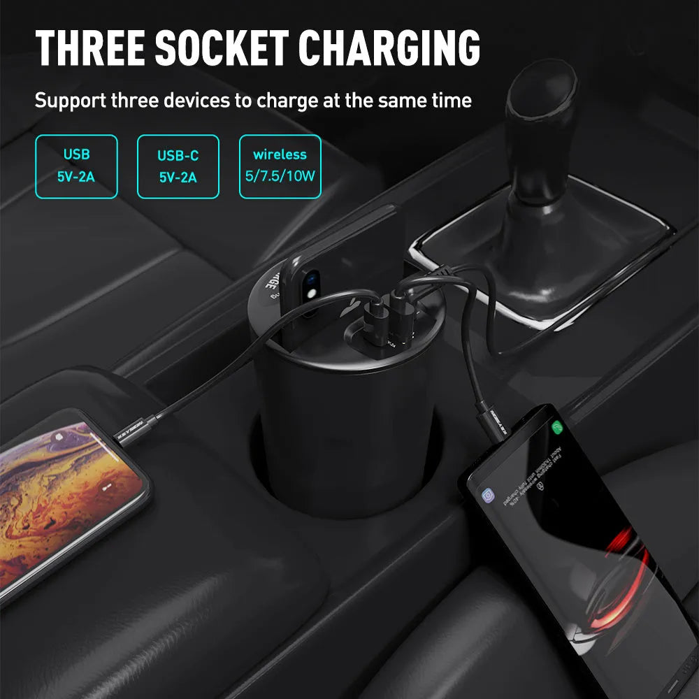 Black X9 car wireless charging cup and base for QI smartphones with Micro USB cable.