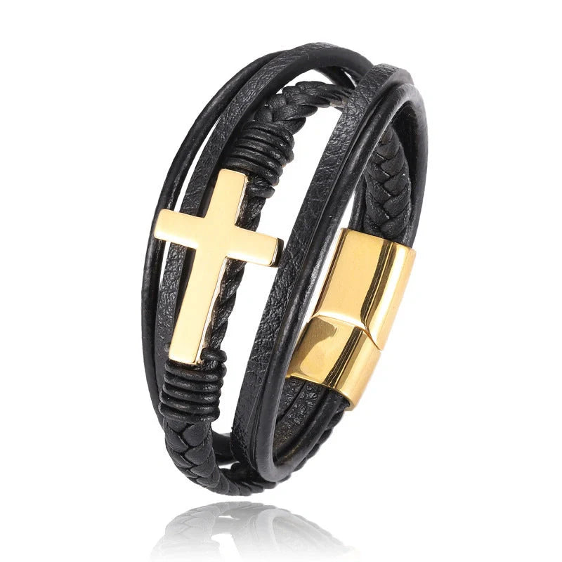 Men's braided stainless steel cross bracelet with elegant design, perfect for any occasion.