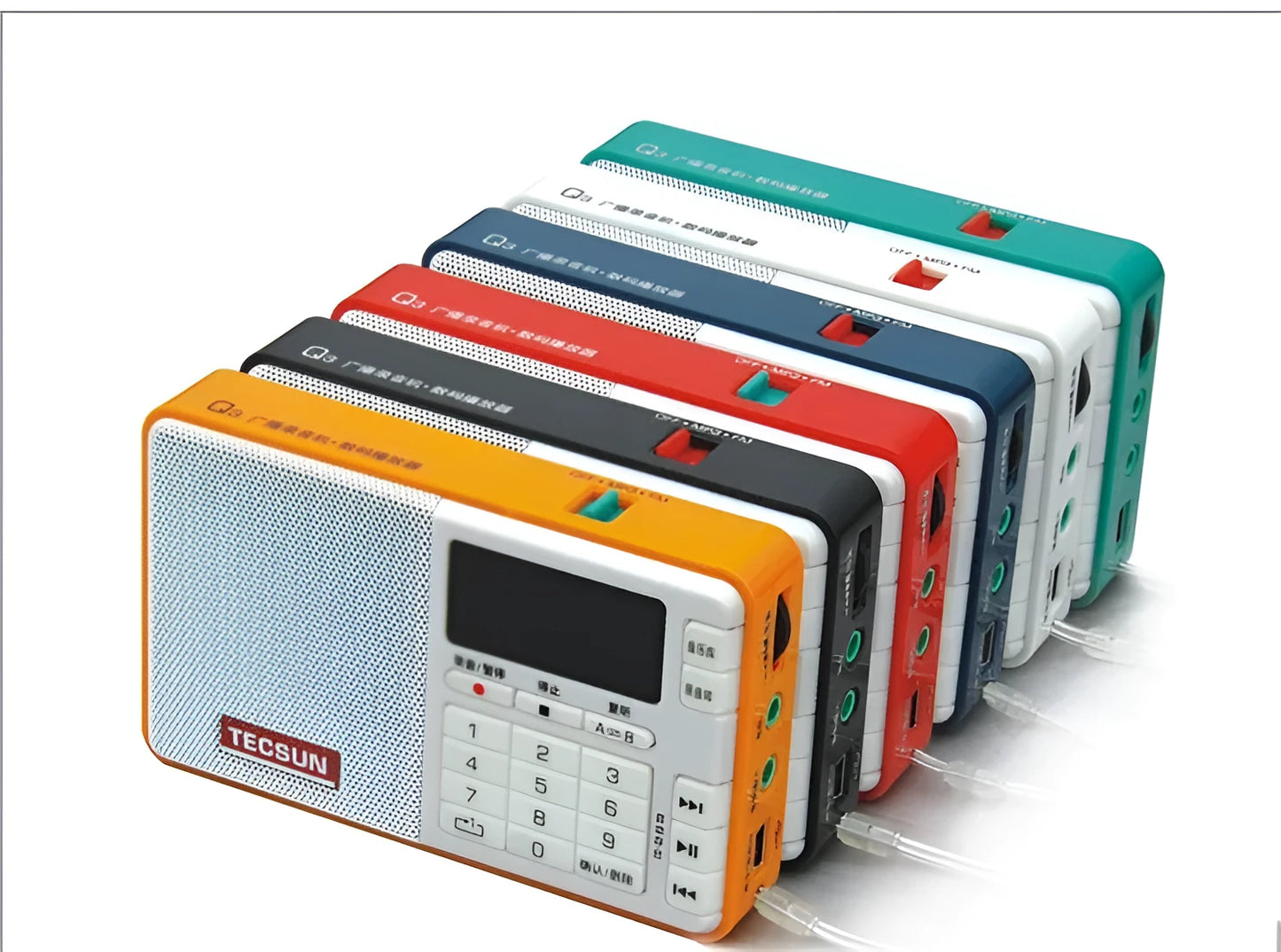 Tecsun Q3 portable digital audio player with FM radio in multiple colour choices on a white background