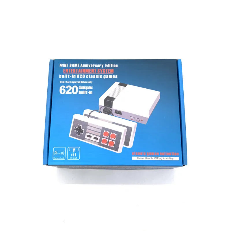 NES 8-bit retro game console with AV cable and two controllers on display