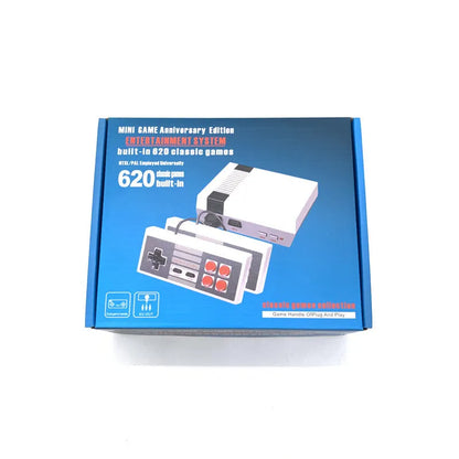 NES 8-bit retro game console with AV cable and two controllers on display