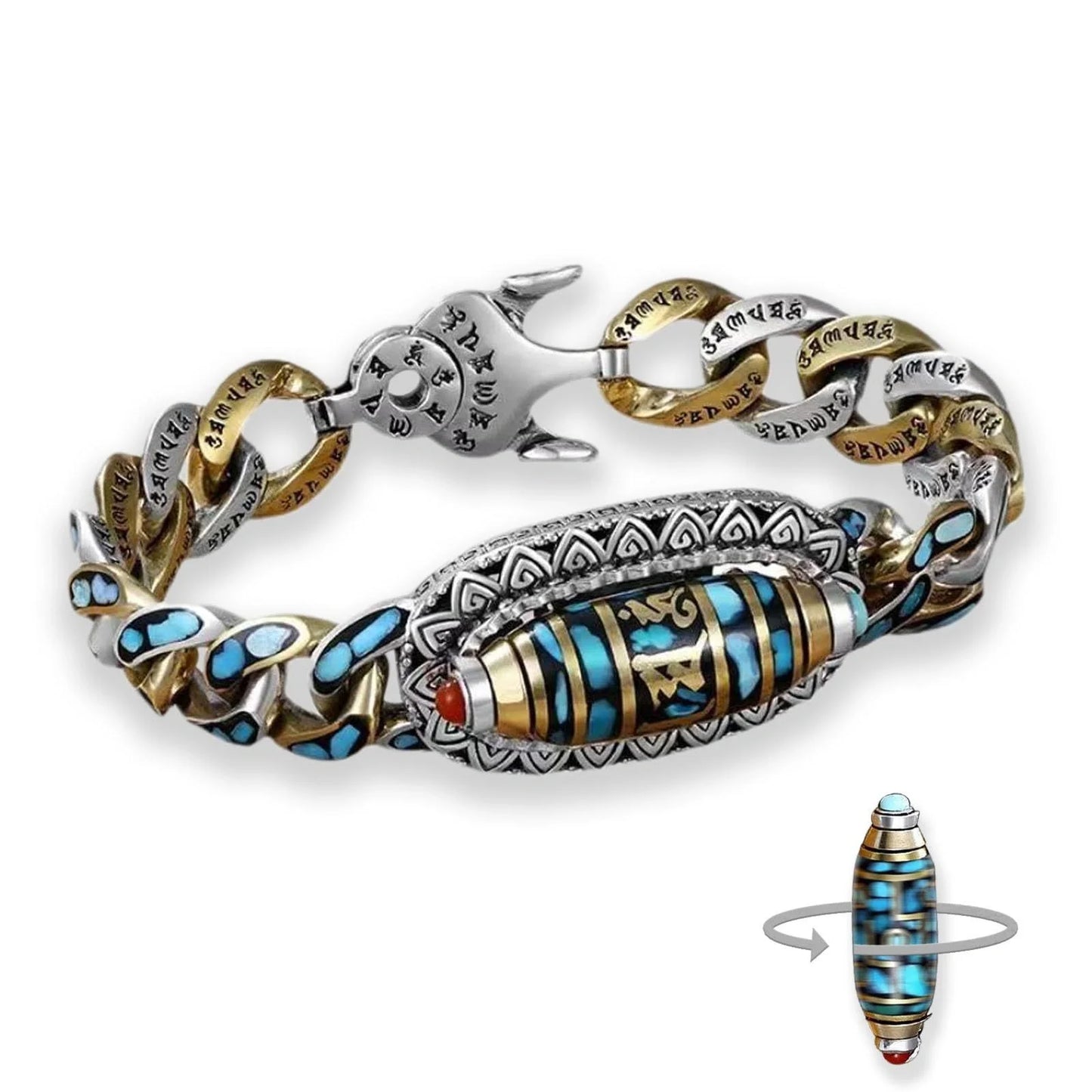 Men's Feng Shui Copper Bracelet with rotating nine eye pearl and turquoise inlay