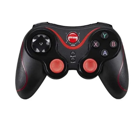 Upgraded X3 Bluetooth wireless game controller with mobile phone clip attached, showing textured grips and button layout