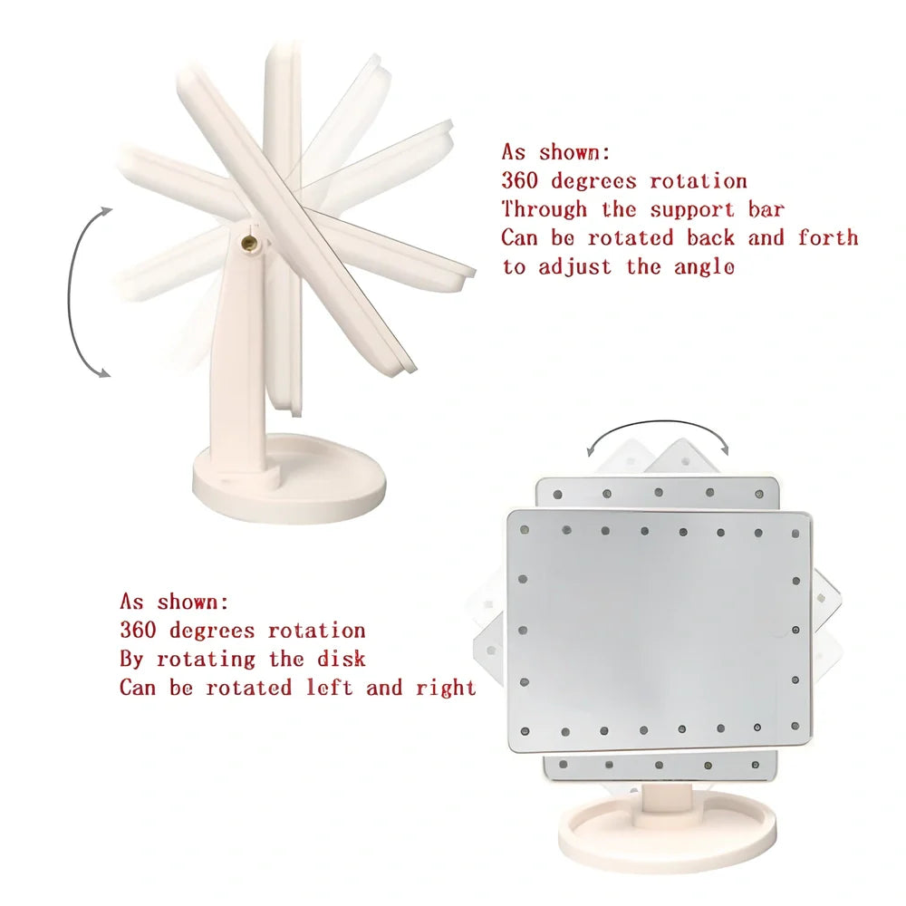 Portable tabletop cosmetic mirror with LED lights around edge, showing 360-degree rotation capability