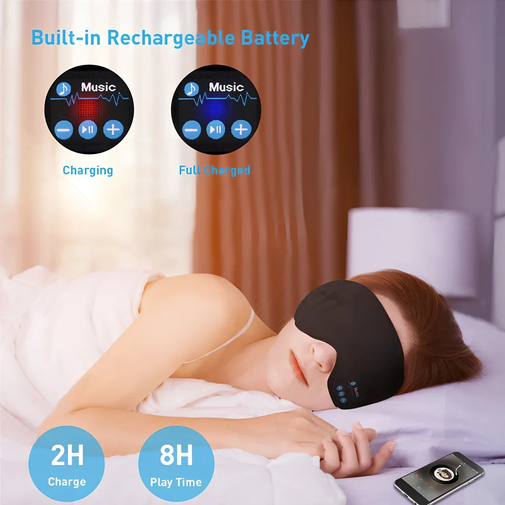 Black Bluetooth 5.0 eye mask with adjustable elastic strap and built-in speakers for wireless audio