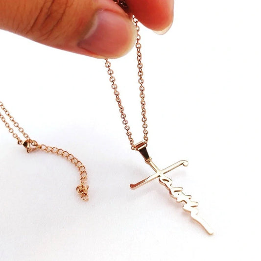 Stainless Steel Faith Necklace with adjustable chain in silver, gold, and rose gold finishes