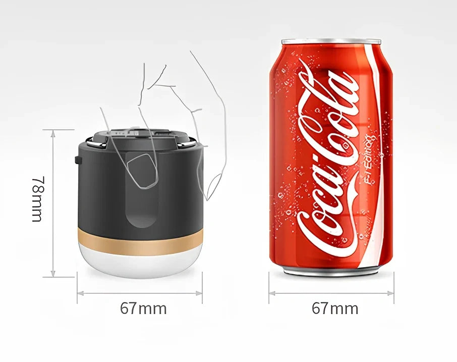 Compact black silver LED camping tent light, 78x67mm with 7200mAh battery and waterproof design for outdoor use