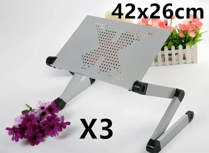 Black aluminium folding computer desk with adjustable legs and non-slip baffles for laptop stability