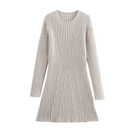 A stylish ribbed knit dress in a variety of classic colors, featuring a slim-fit silhouette and a chic stand-up collar for a flattering, versatile look.