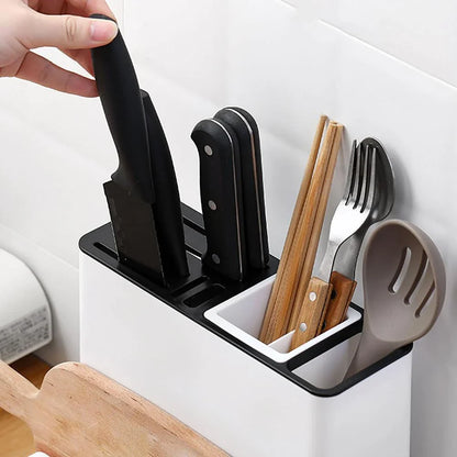 A white, multipurpose kitchen organizer with integrated shelves for storing and organizing tableware, utensils, and other kitchen essentials.