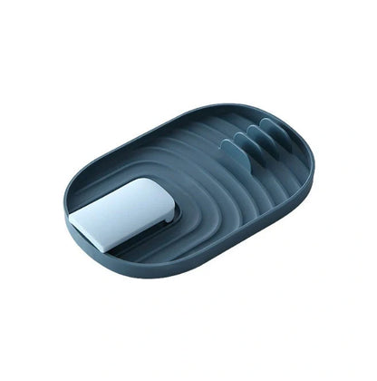 Nordic wall-mounted pot lid and cooking spoon holder with drain tray in green, pink, blue, and white