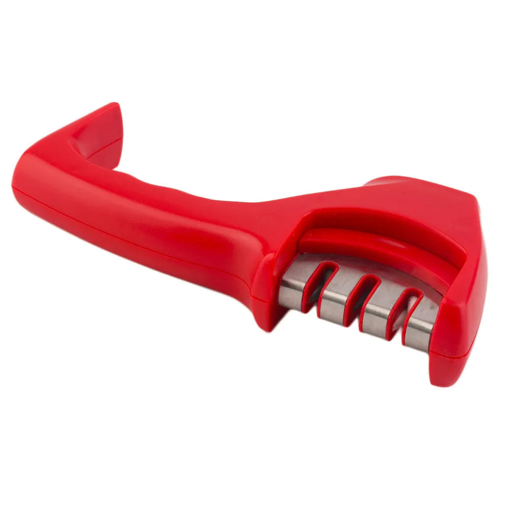 Black manual knife sharpener with three tungsten wire slots and rubber feet on base