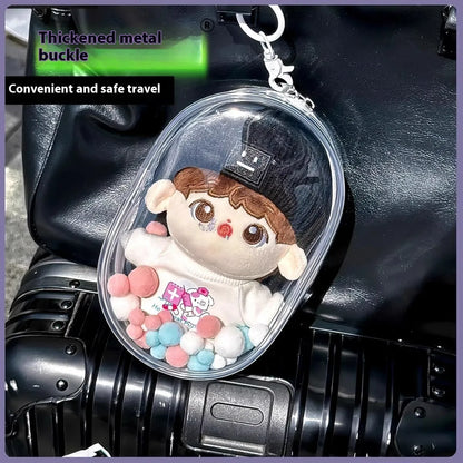 Transparent PVC cube storage bag in 17cm size with avocado green colourful ball keychain attachment