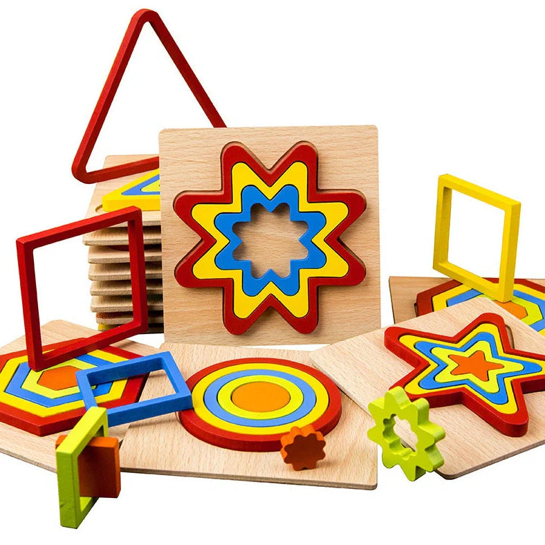 Wooden geometric puzzle with 10 shape graphics in red, yellow, blue, green, and orange colours