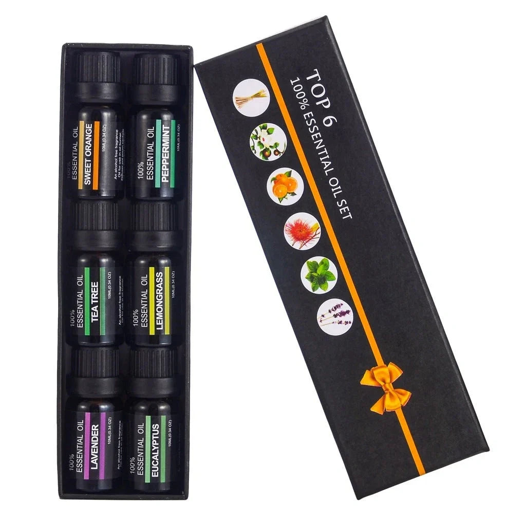 Six 10ml bottles of natural essential oils including orange, lavender, tea tree, mint, eucalyptus and lemongrass in presentation box