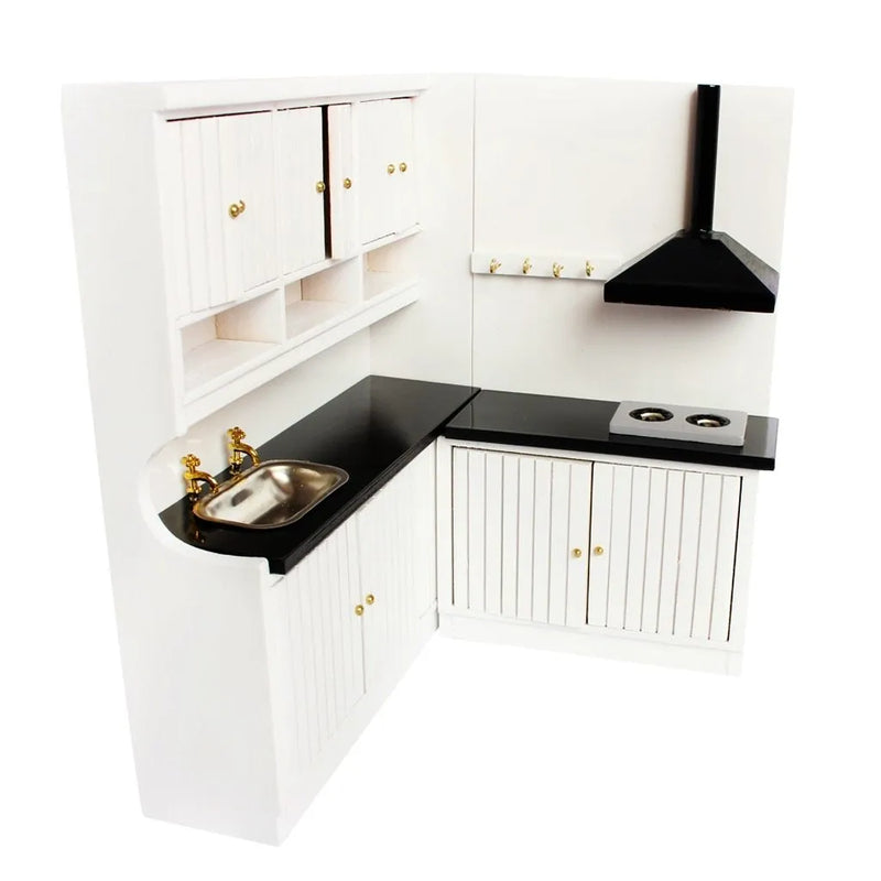 Dollhouse kitchen cabinets two-piece set European-style white birch furniture with working doors and metal handles including sink cabinet and stove cabinet for dollhouse play and display with approximate dimensions 16.7cm and 11cm length