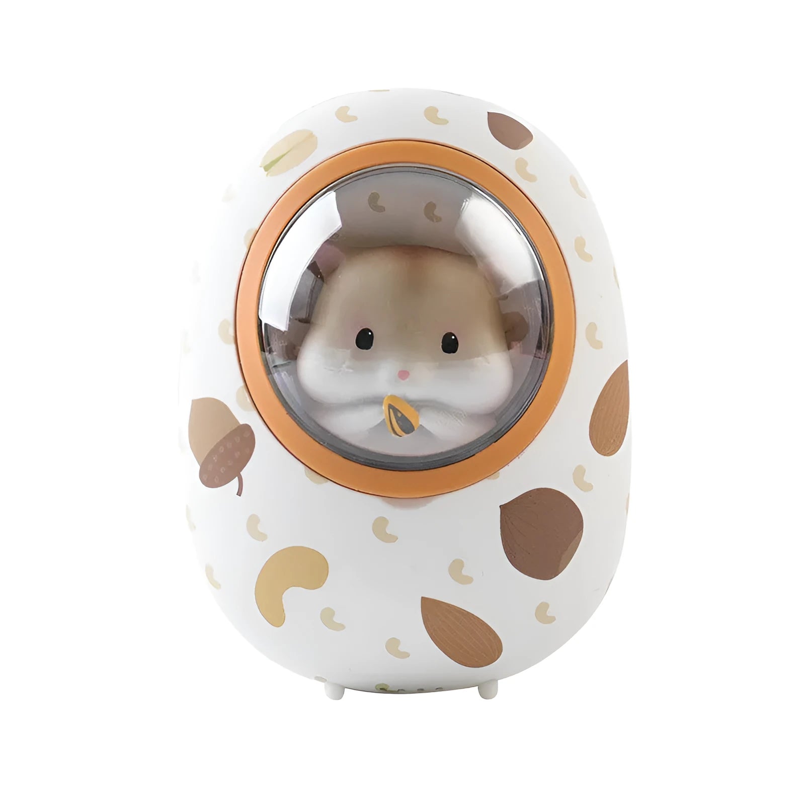 White Hamster space capsule design hand warmer and power bank unit showing its compact size.
