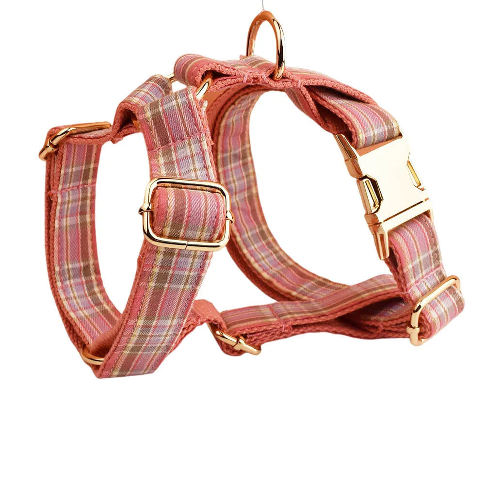 Plaid cloth dog collar and leash set with bow and vest for special occasions