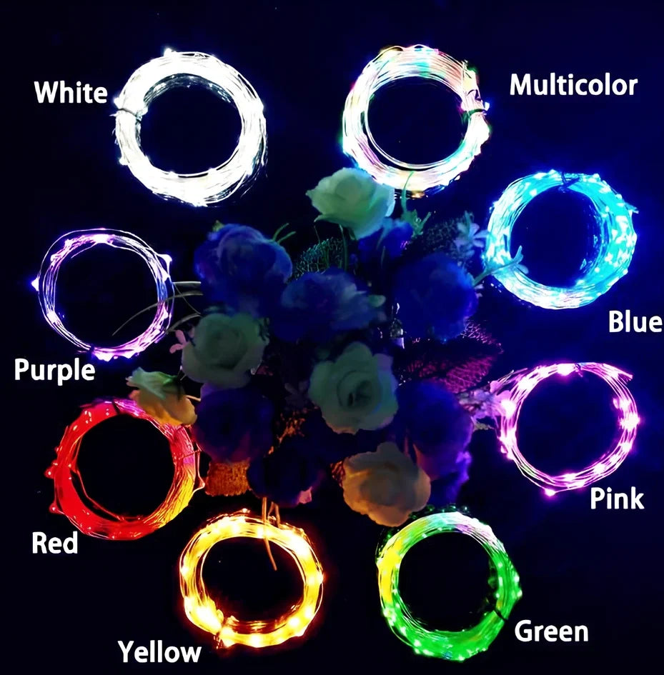 Copper wire LED string lights wrapped around wine bottle with 20 white LEDs illuminated