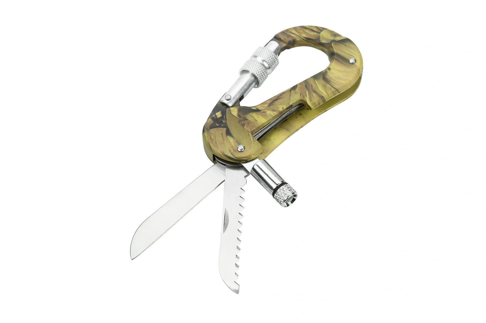 Camouflage multifunctional carabiner with stainless steel tools and LED light, weighing 79g
