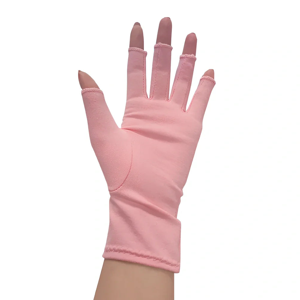 Breathable half-finger compression gloves showing exposed fingertips and adhesive grey section for joint support