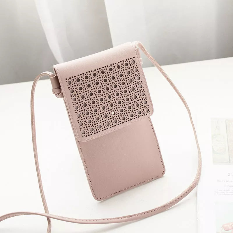 Cross body mobile phone bag with clear window and PU leather in multiple colors