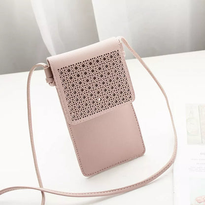Cross body mobile phone bag with clear window and PU leather in multiple colors