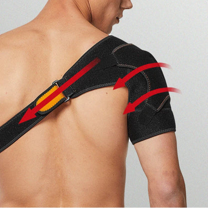 Adjustable sports shoulder protector support belt in black, designed for injury recovery and support