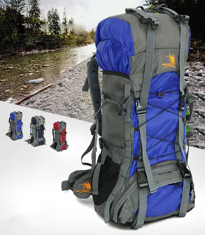 Extra Large Outdoor 60L Travel Backpack with external storage and waist bags