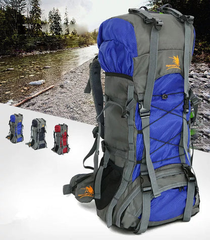 Extra Large Outdoor 60L Travel Backpack with external storage and waist bags